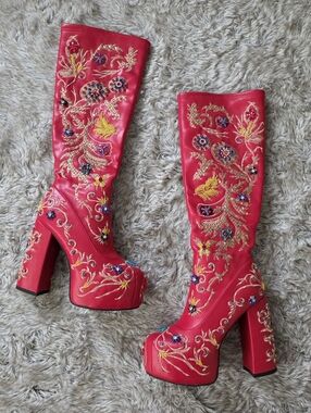 Azalea Wang All About The Details Hand Beaded Chunky Boots Red Women's Size 7
